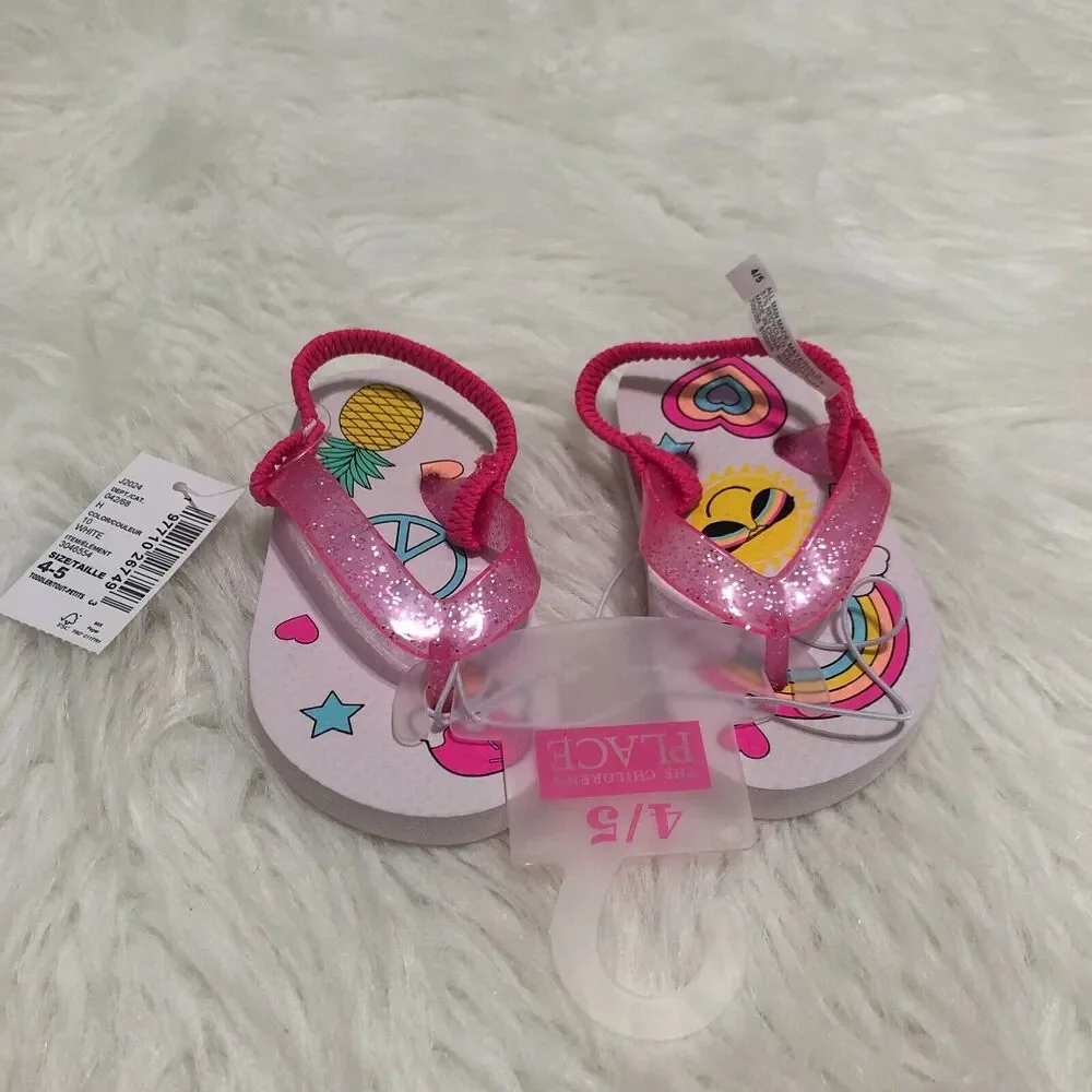 The Childrens Place Toddler Girls‎ Pink Glitter Graphic Flip Flops Size 4-5 NWT